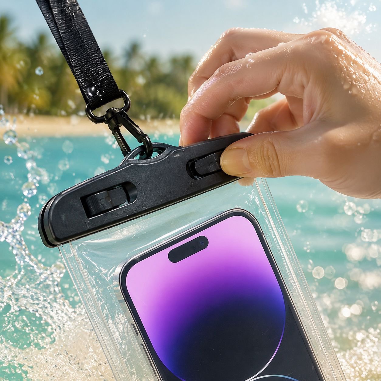 Repartidor usando funda impermeable mientras graba bajo el agua