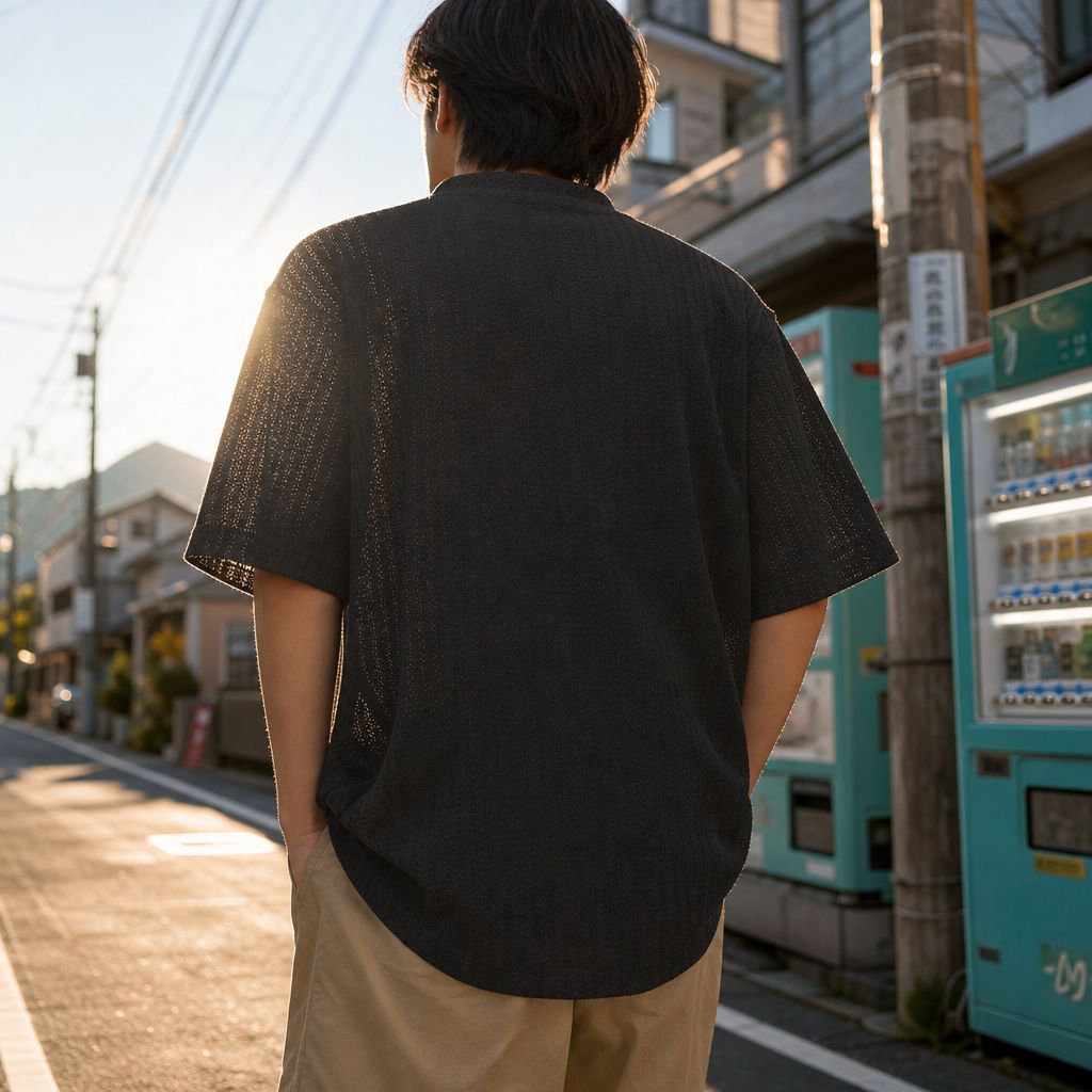 ヘンリーネックデザインのメンズ夏用Tシャツ