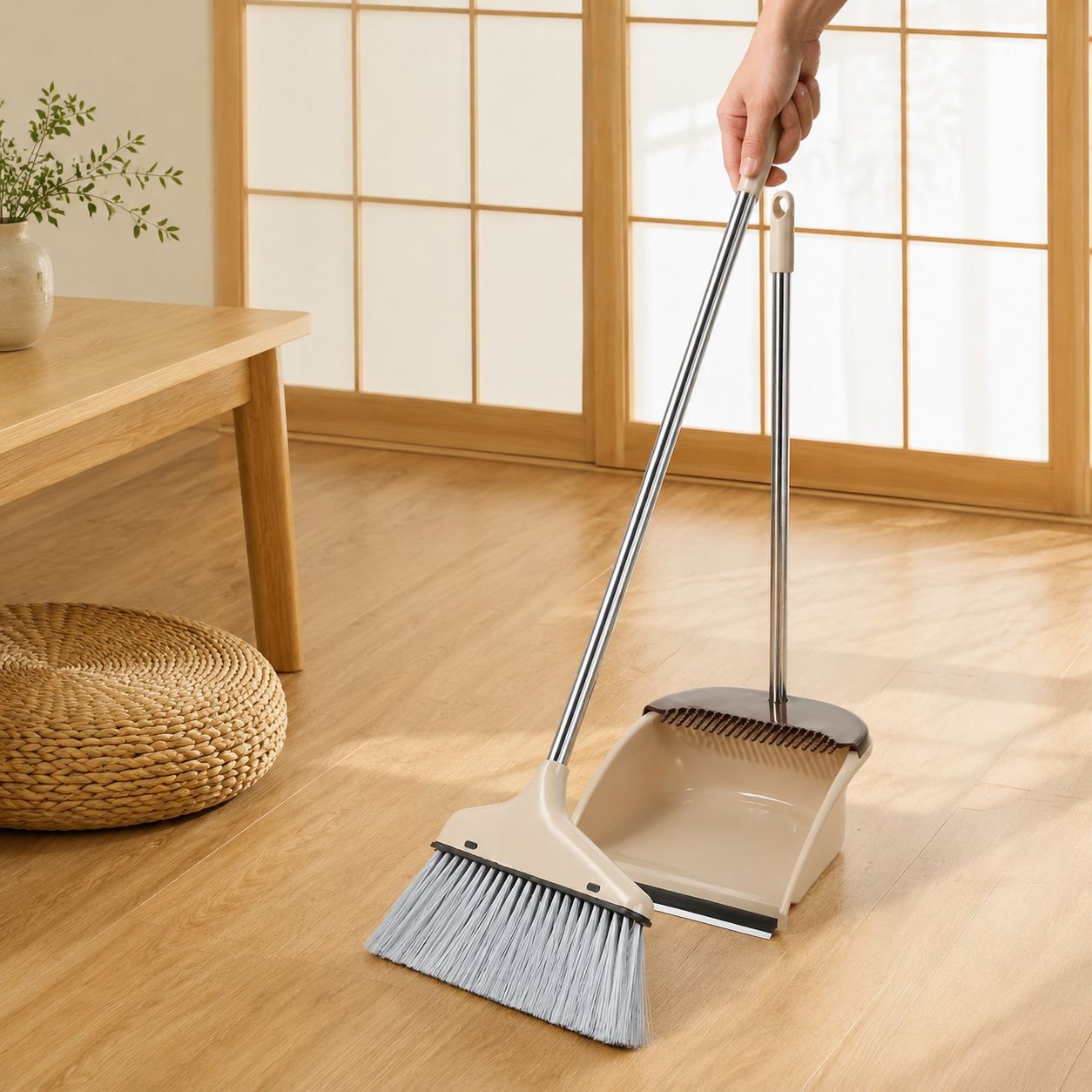 髪の毛がくっつかない魔法のほうきと大型ちりとりセットの全体画像