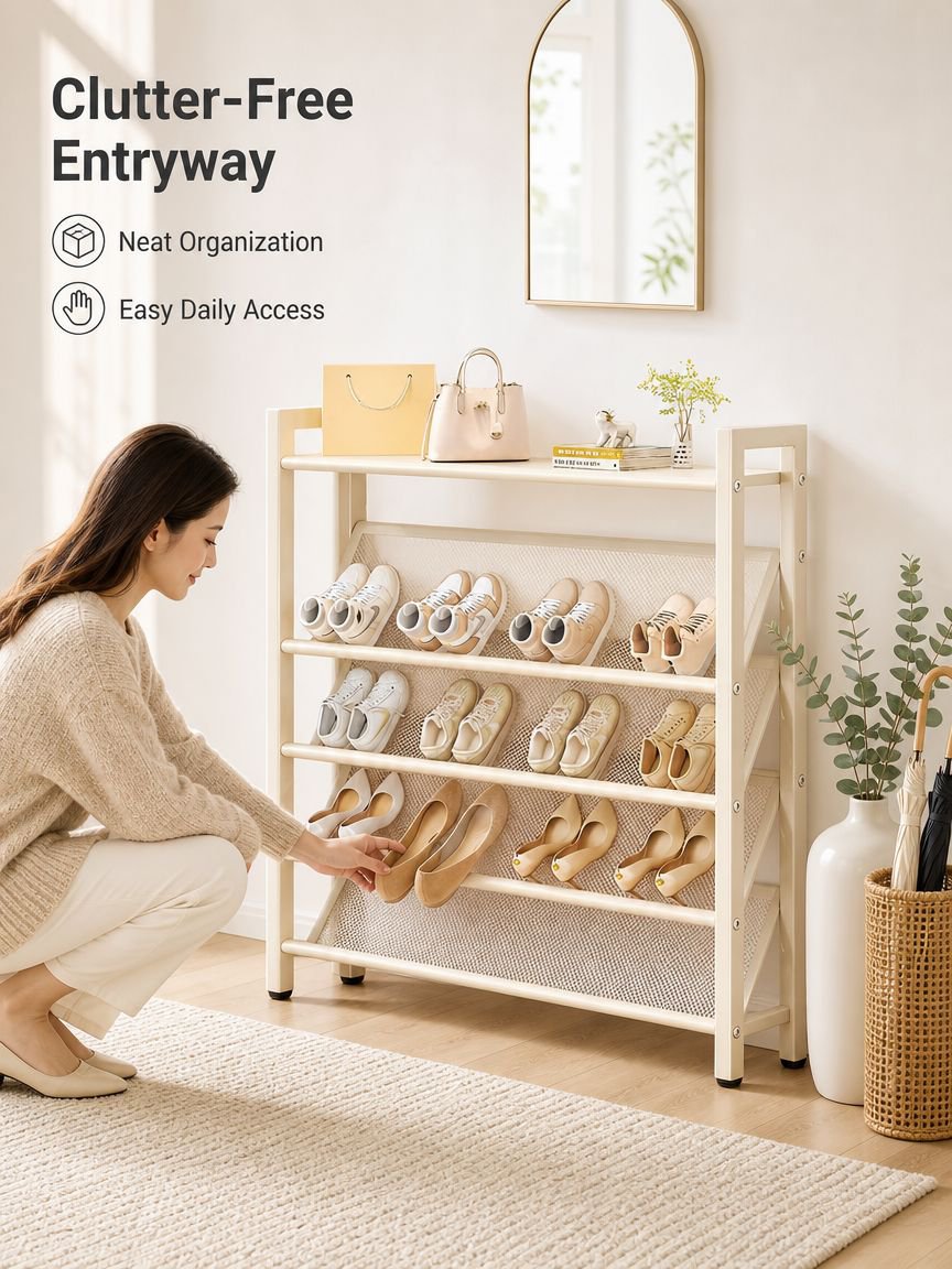 Slim Entryway Shoe Cabinet Behind Narrow Door, Ultra-thin Tilted Mesh Breathable Shoe Rack