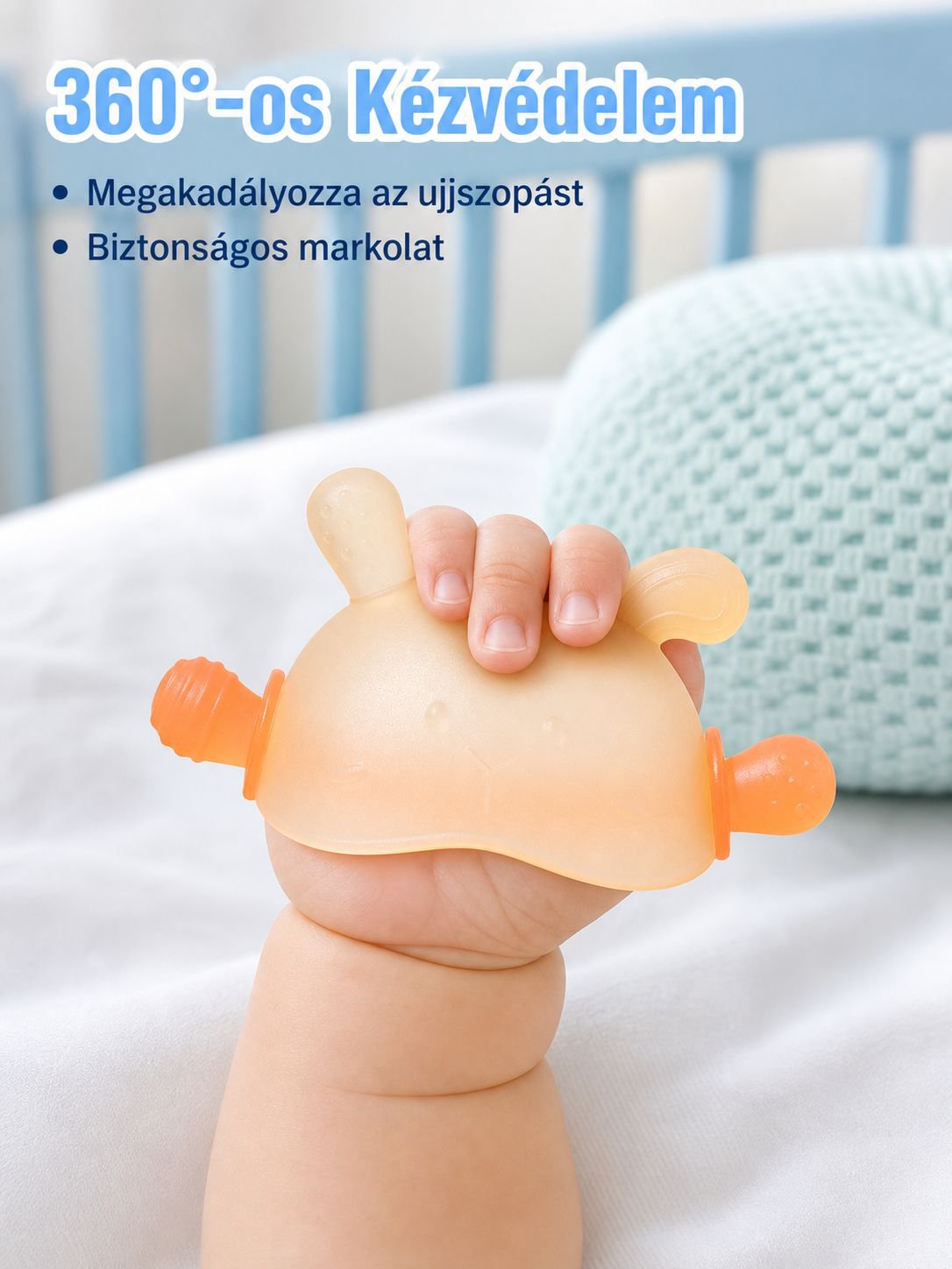 Baba kézben tartható nyuszis rágóka, csecsemőknek kézszopás elleni fogzási rágóbot