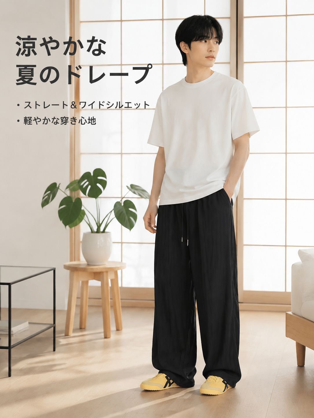 メンズカジュアルサマーリヨセル薄手メンズパンツストレートレッグリネンロングパンツスポーツパンツワイドレッグメンズパンツ