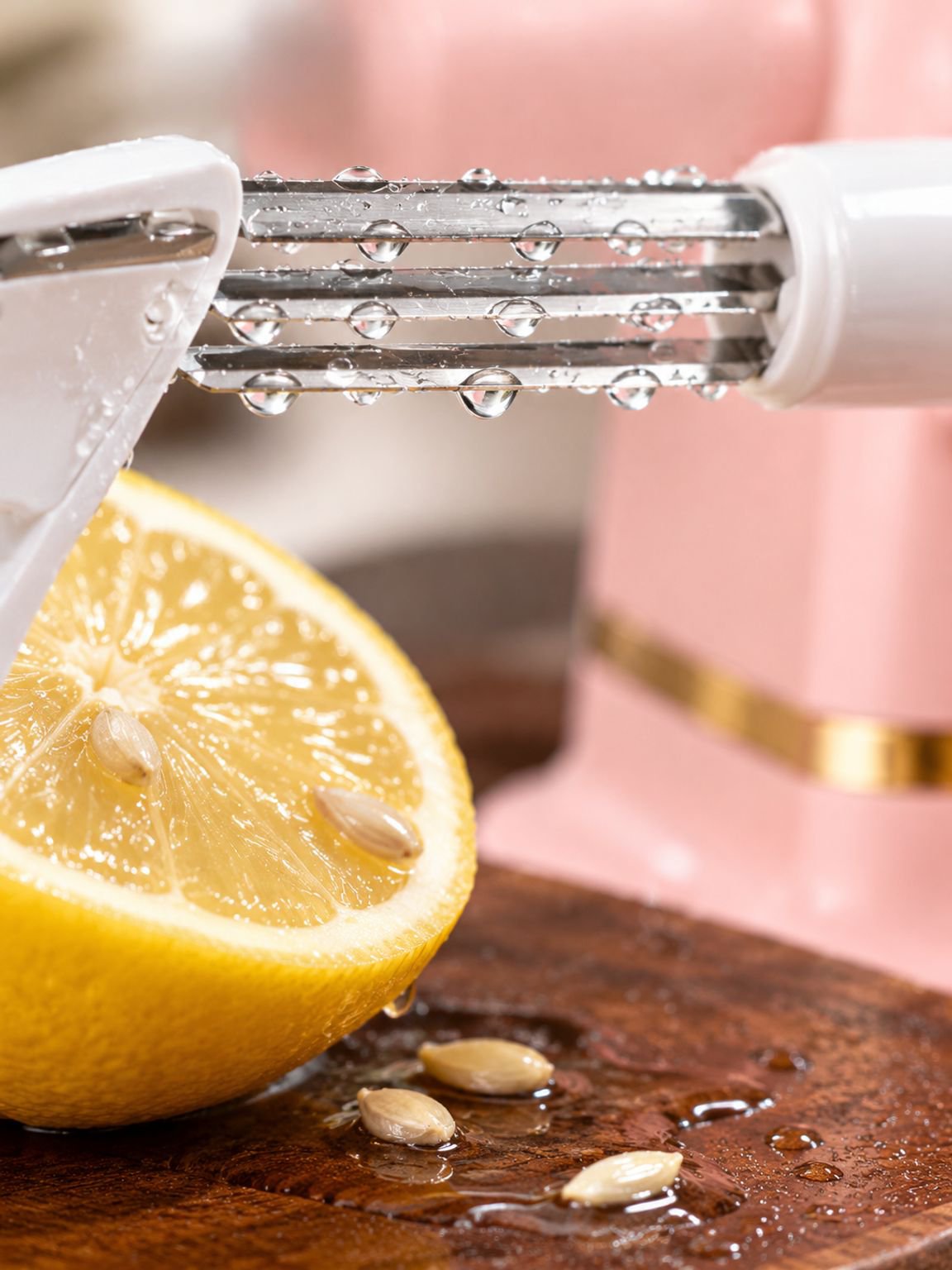 Close-up of the apple peeler's scraper mechanism in pink