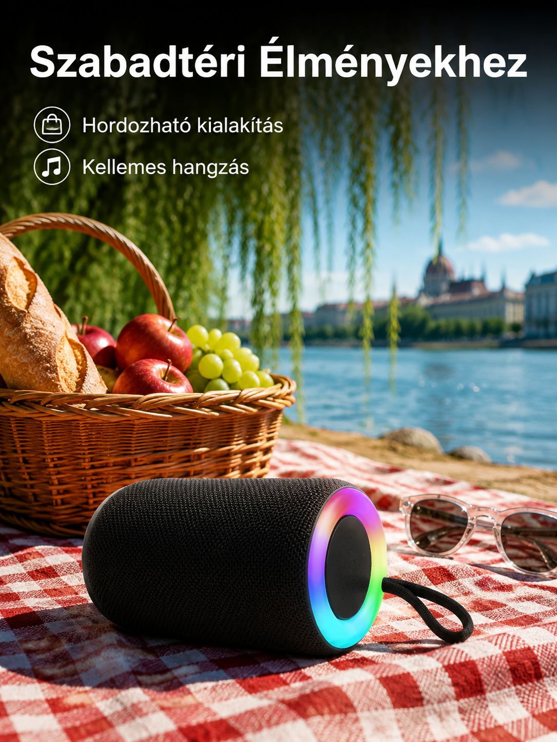 Hordozható Bluetooth hangszóró mélynyomóval, kültéri használatra, memóriakártya foglalattal