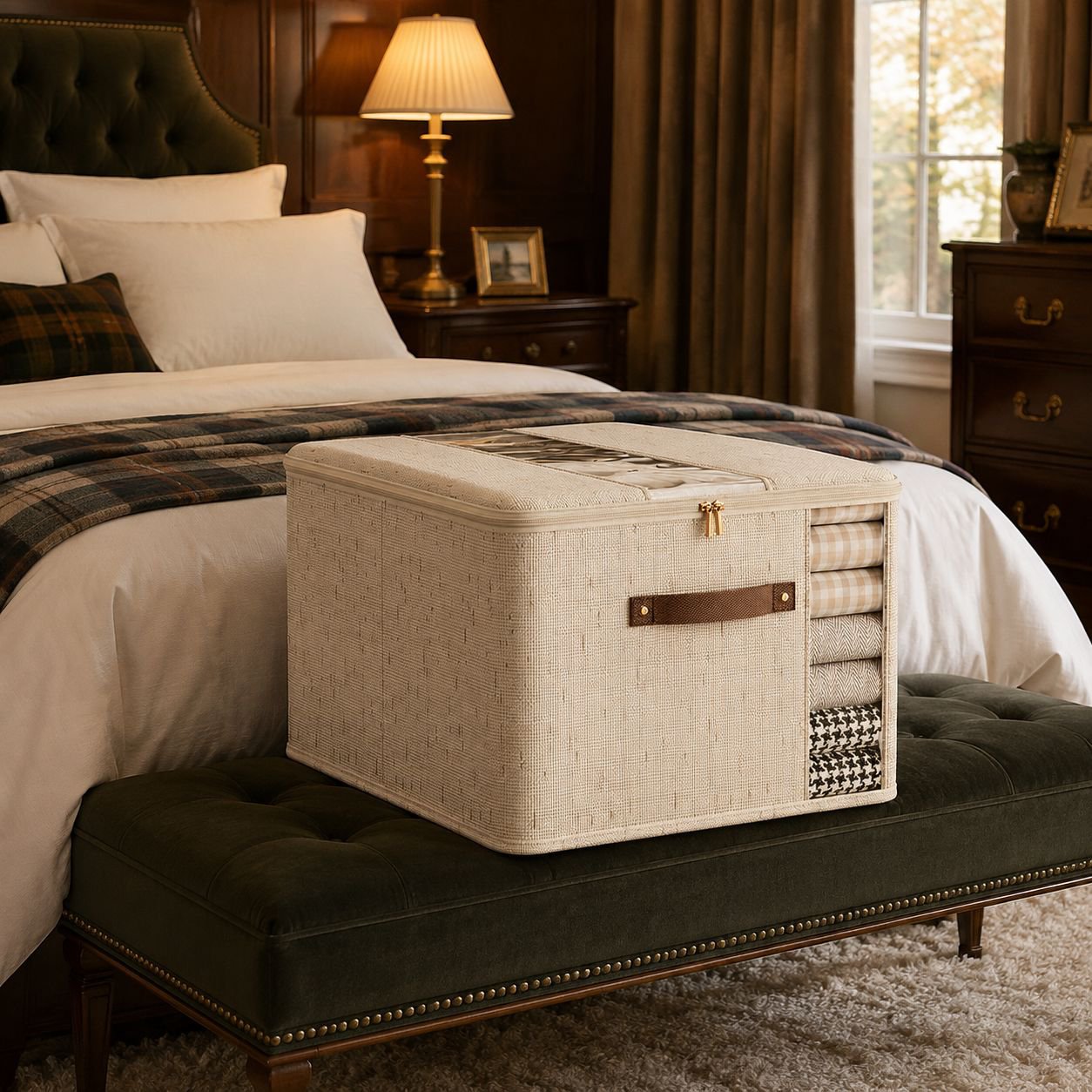 Easy-access storage container with transparent windows