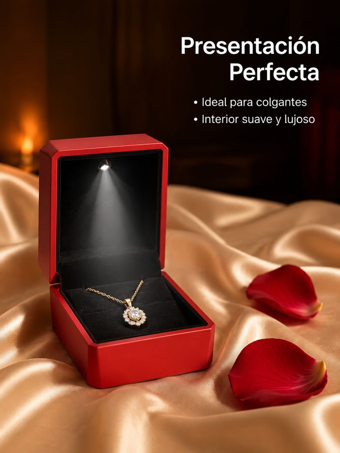 Estuche para joyas con LED y superficie facetada tipo diamante, caja para anillo y colgante