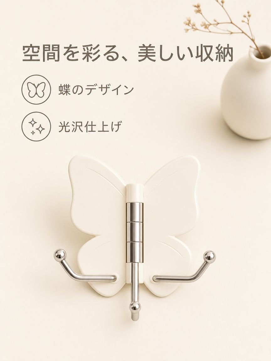 回転式蝶々三連フック 穴あけ不要 多機能収納フック