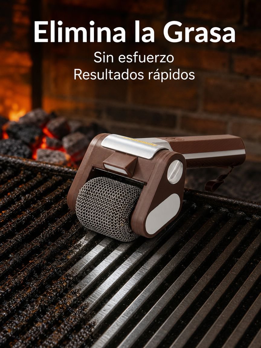 Cepillo limpiador de parrillas con rodillo de acero inoxidable