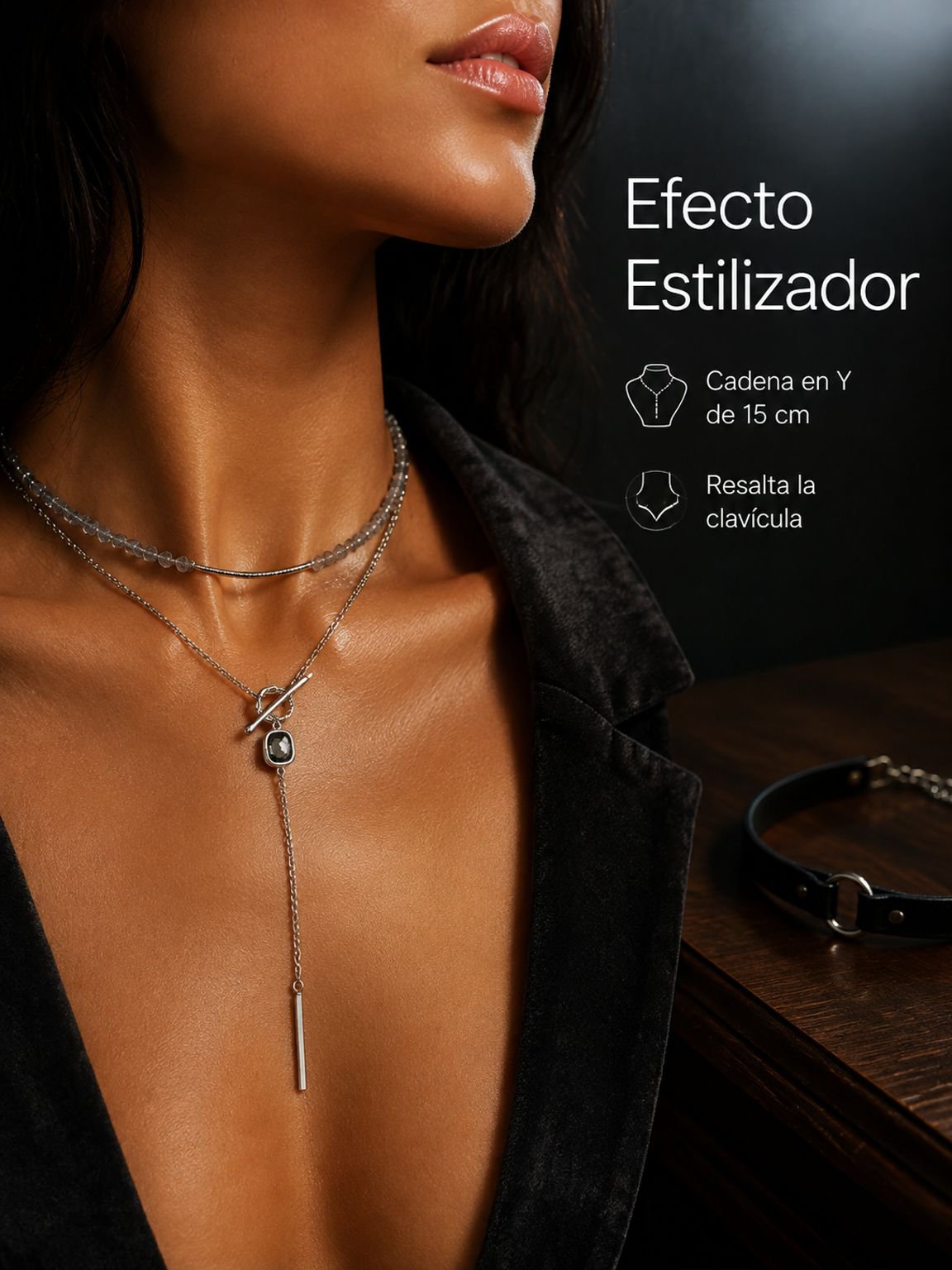 Collar de diamantes negros cuadrado con diseño geométrico, estilo oscuro y minimalista para mujer