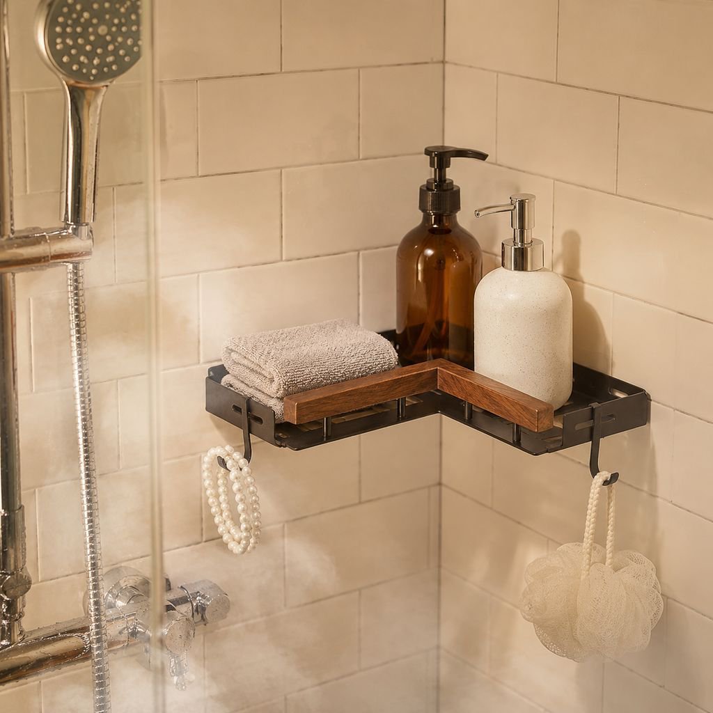 Solid Wood Wall-Mounted Storage Rack for Bathroom Sink Area