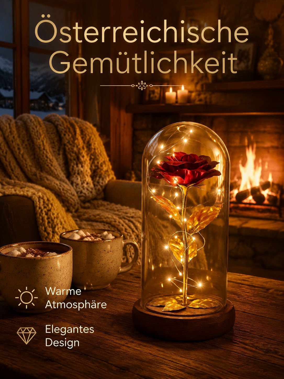 Künstliche Rosenblume unter Glashaube als elegante Dekoration