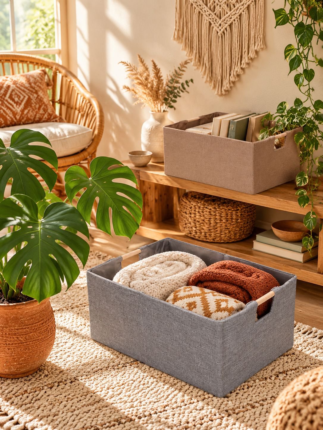 Eco-conscious family using fabric storage bins at home