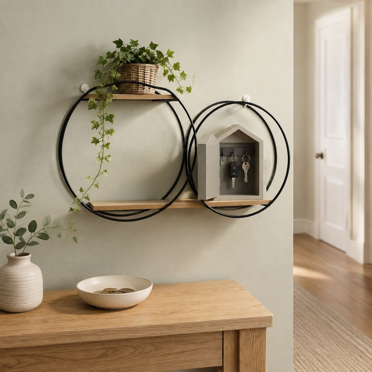 Stylish wall-mounted shelf displaying decorative items