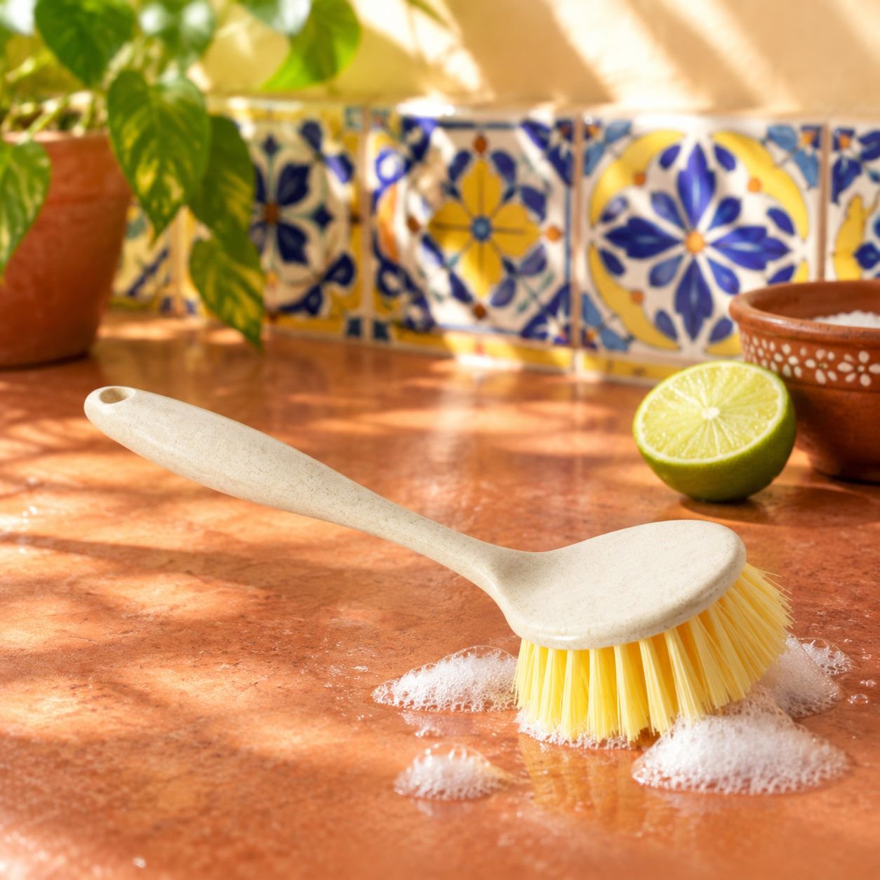 Cocina de paja de trigo mango largo olla cepillo de lavado cepillo de limpieza lavavajillas no hace 