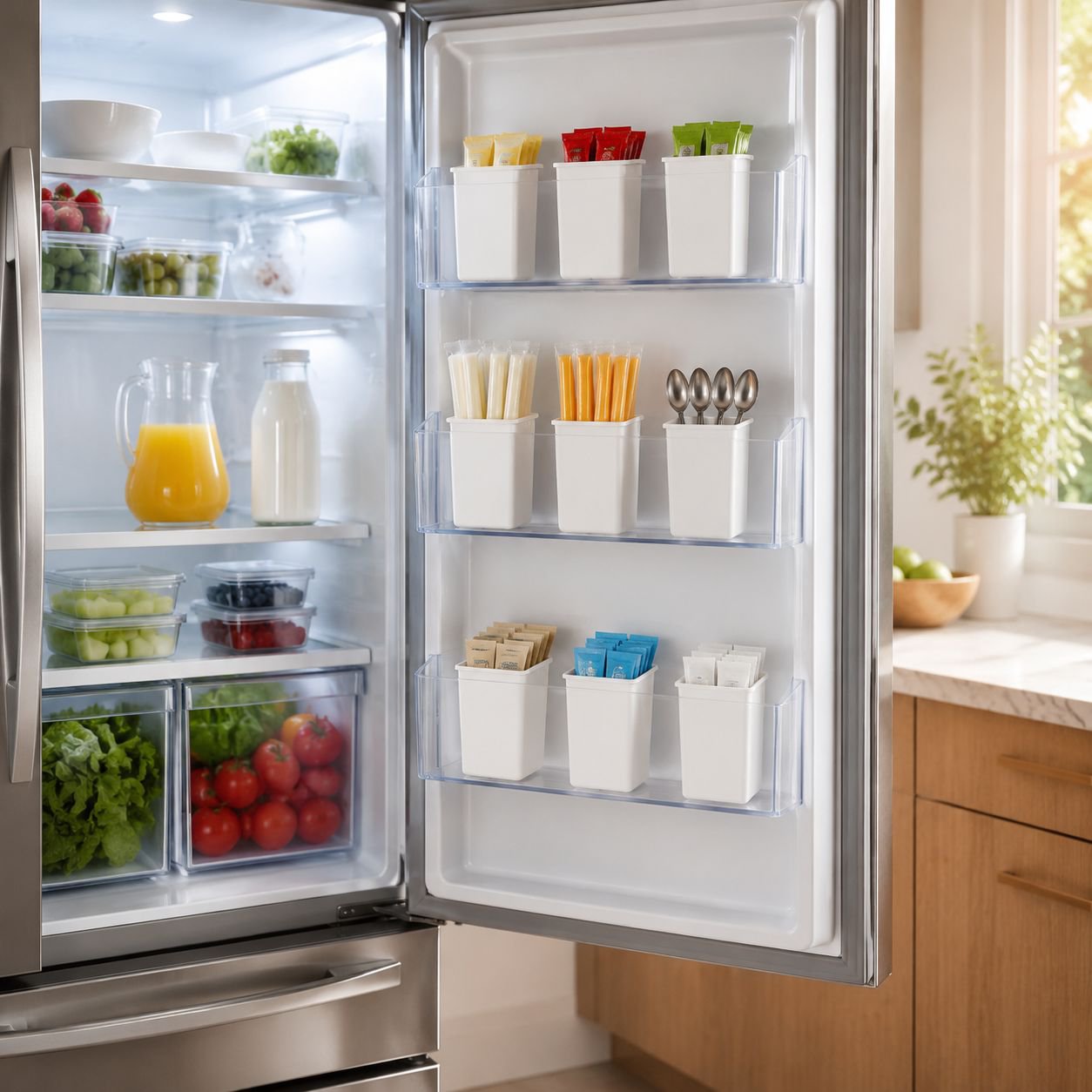 Hanging Cutlery Storage Rack mounted on refrigerator side door