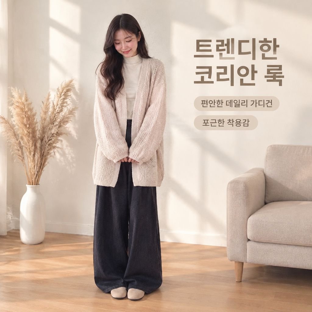 여성 가을겨울 루즈핏 퍼프소매 롱 니트 가디건 자켓