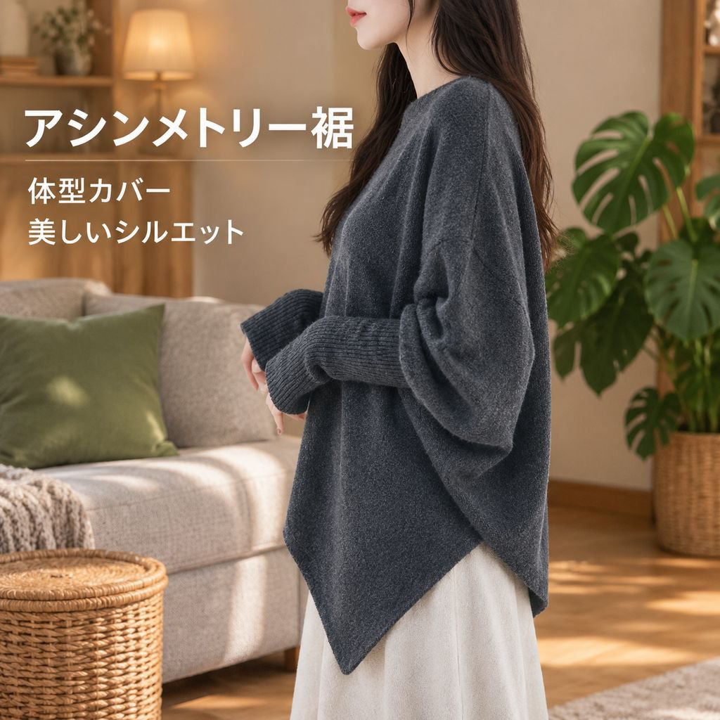 女性用軽量ロング・アシンメトリー・バットウィングスリーブ・セーター