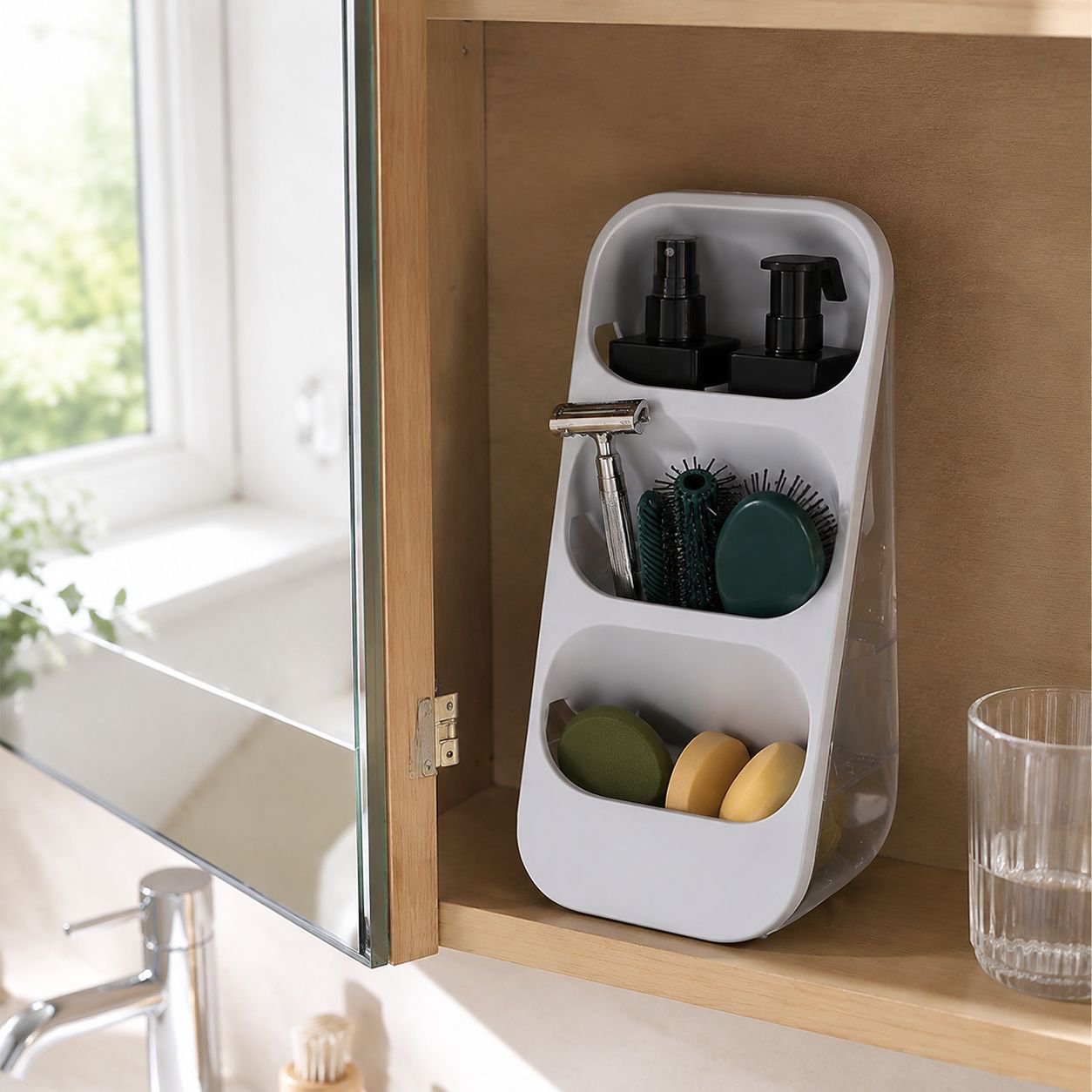 Close-up of multifunctional organizer compartments
