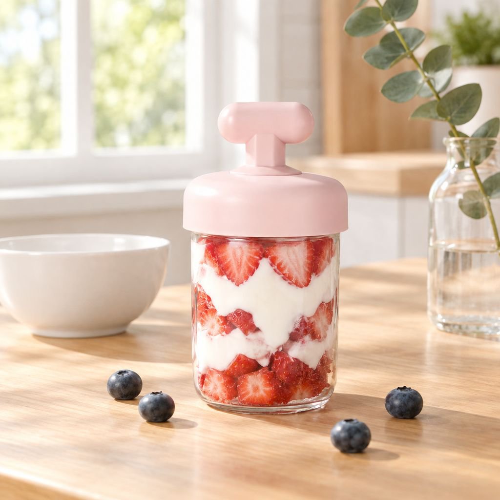 Tragbarer, auslaufsicherer Frühstücksbecher mit Deckel, Löffel und Fächern (für Joghurt/Haferbrei)
