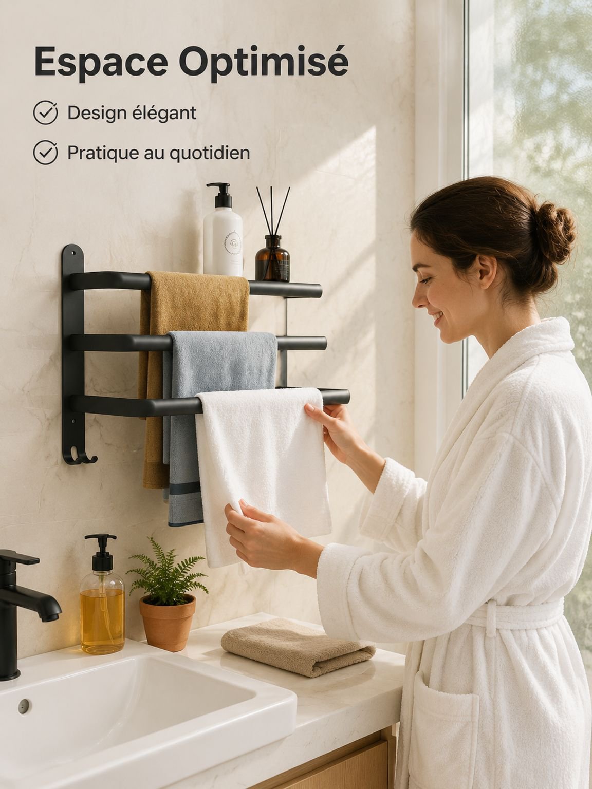 Porte-serviettes, étagère de salle de bain, sans perçage, étagère de rangement, porte-serviettes com