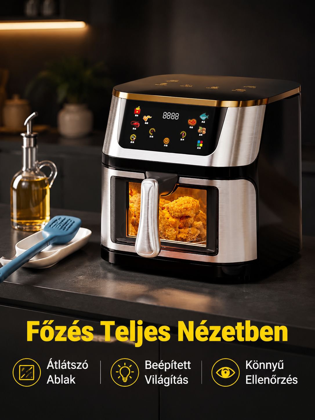 Háztartási, átlátszó, rozsdamentes acél, 10L-es nagy kapacitású légsütő