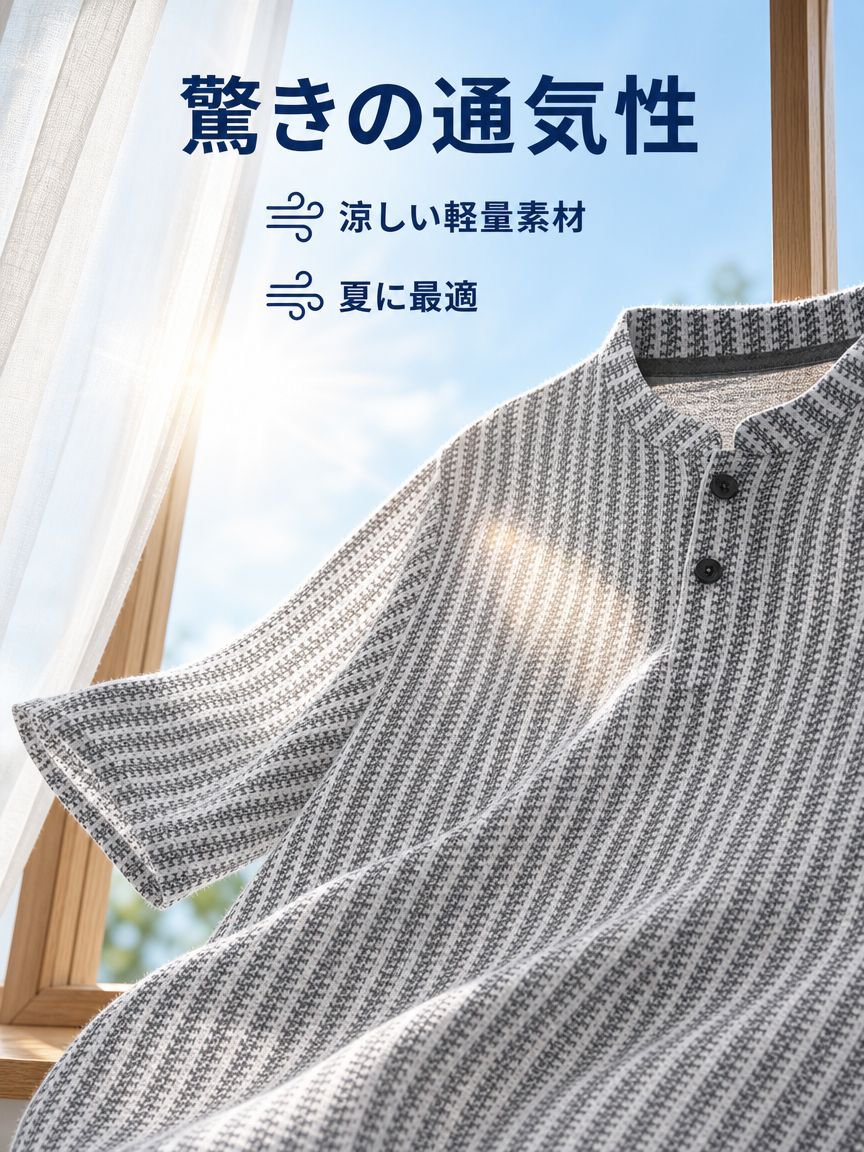 夏用メンズゆったりフィット魚骨柄ヘンリーネック半袖Tシャツ