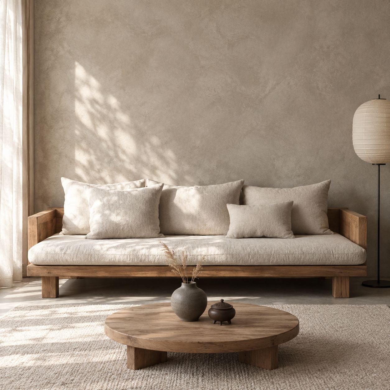Minimalistisches Wabi-Sabi-Dreisitzer-Sofa aus Massivholz