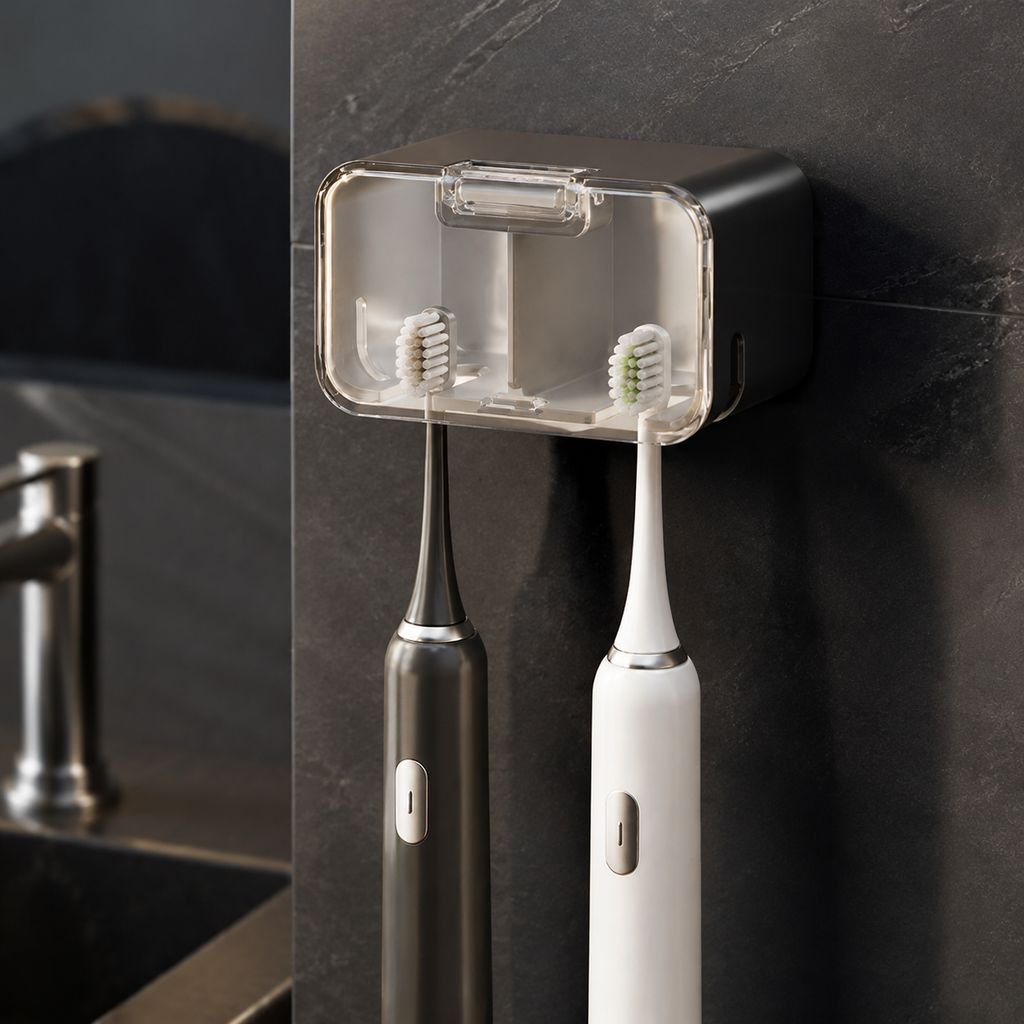 Easy installation of wall-mounted toothbrush storage box with adhesive strip