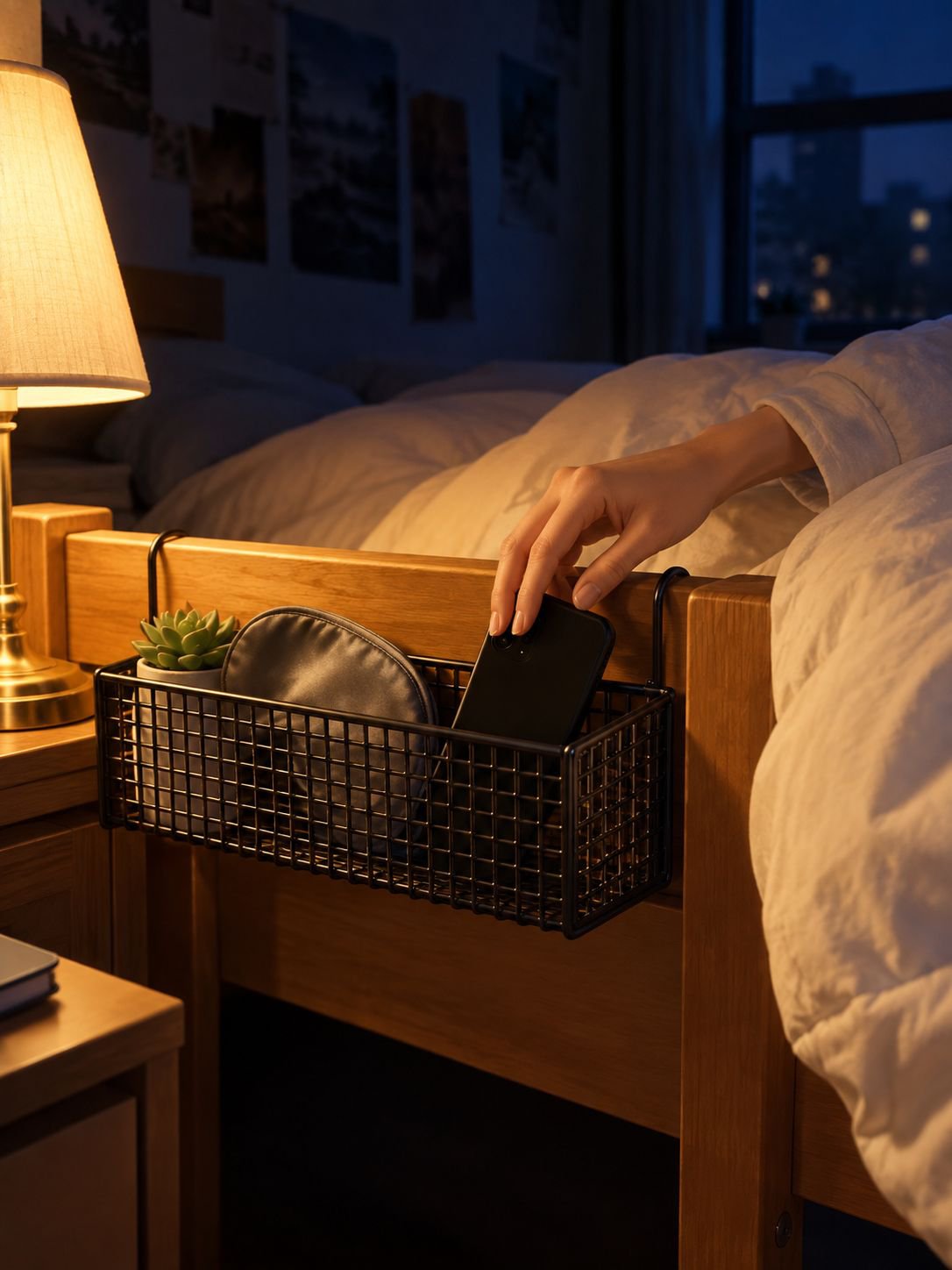 Close-up of sturdy hooks on bedside storage rack