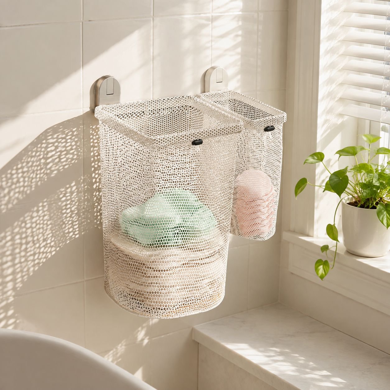 Close-up of double suction cup mechanism on laundry basket