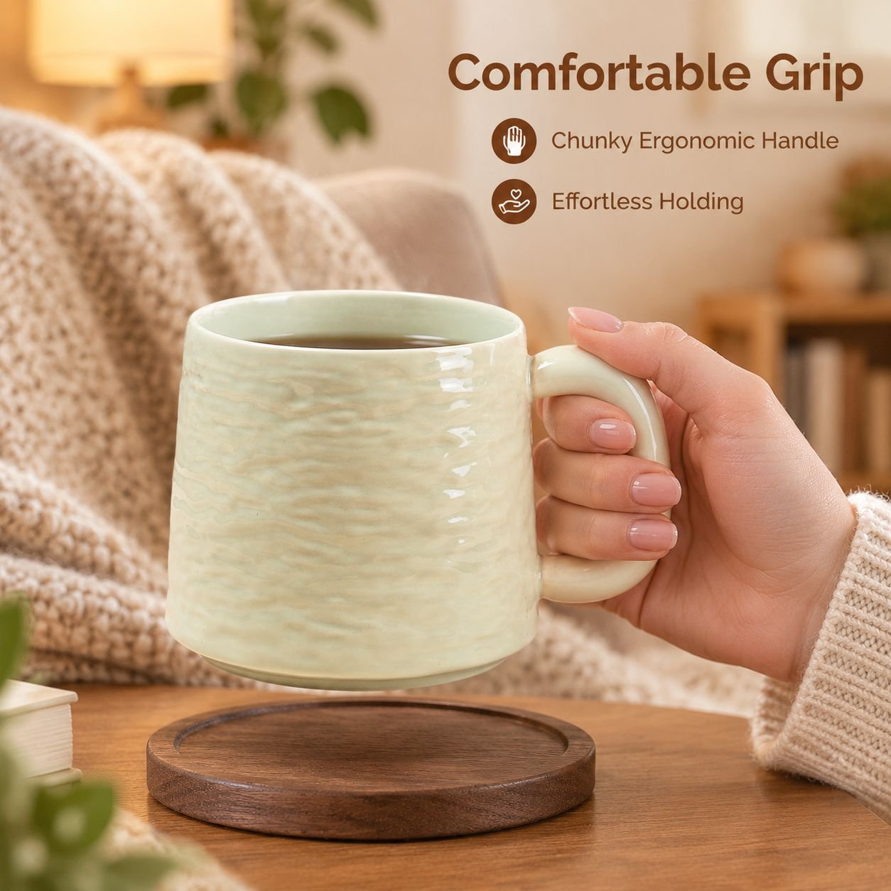 Large Ceramic Coffee Mug with Lid and Spoon