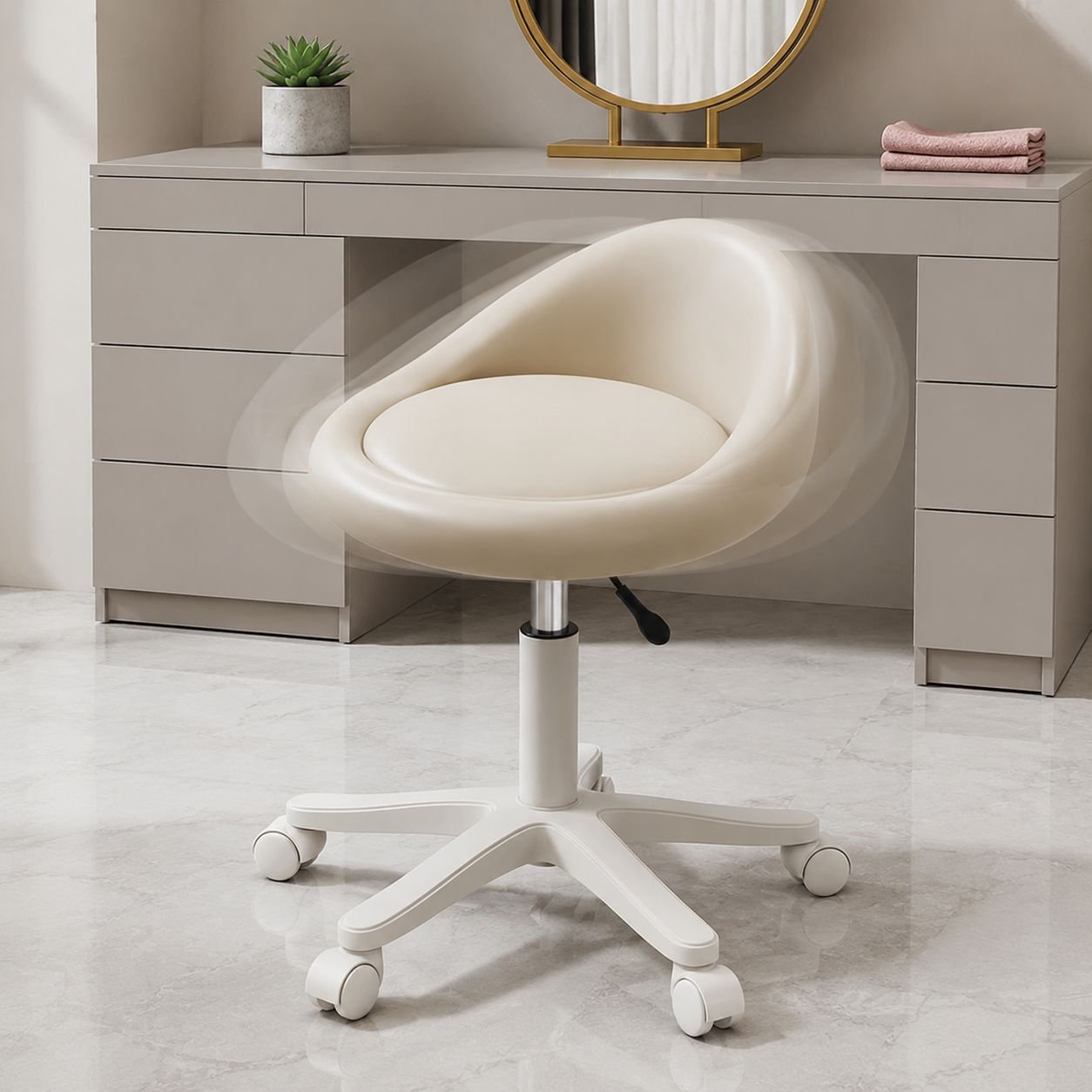 Girls’ bedroom cream makeup chair next to vanity