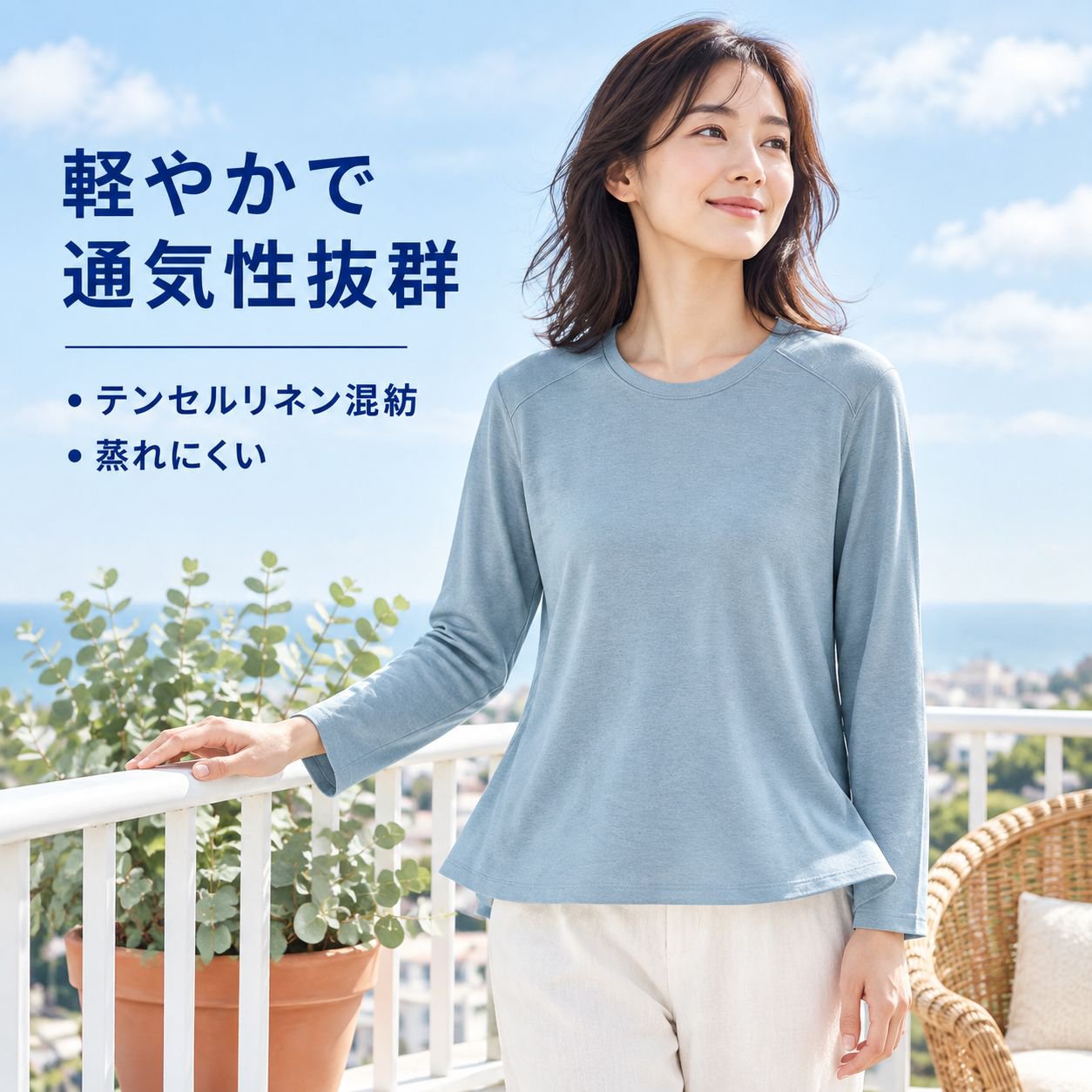 テンセル アセテート リネン 長袖 ニット レディース 初秋 ゆったり 無地 クルーネック 着回し トップス