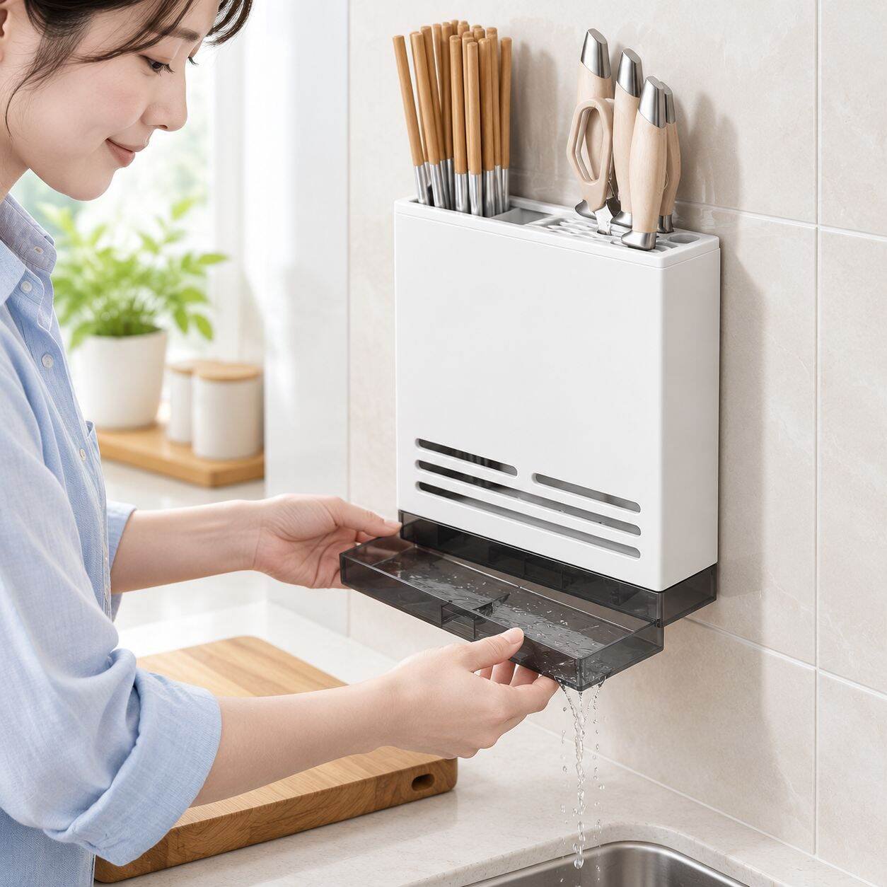 水受け皿とナイフホルダーが付いているので、通気性が良くカビの発生を防ぎます。