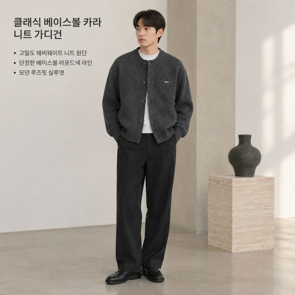 가을 남성 올드머니룩 솔리드 베이스볼넥 니트 가디건 자켓 루즈핏 상의