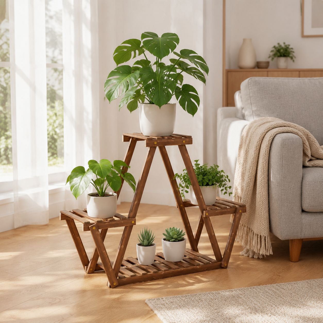 Bodenstehendes Blumenregal aus Holz für Sukkulenten, Wohnzimmer und Balkon