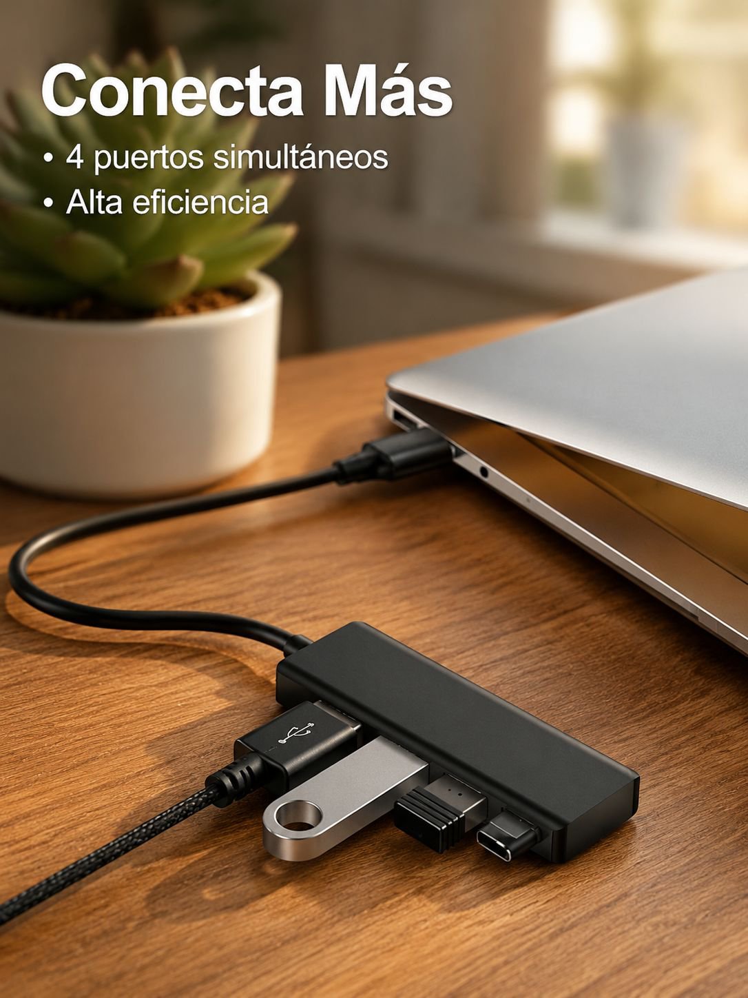 Hub USB de aluminio con 4 puertos, perfecto para dispositivos digitales