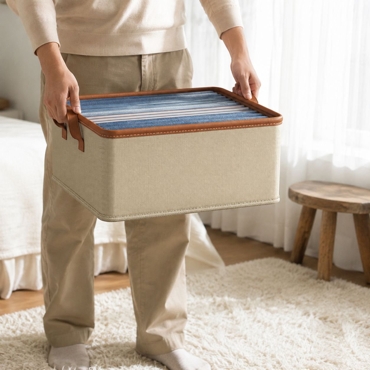Neatly organized clothes inside collapsible storage bin