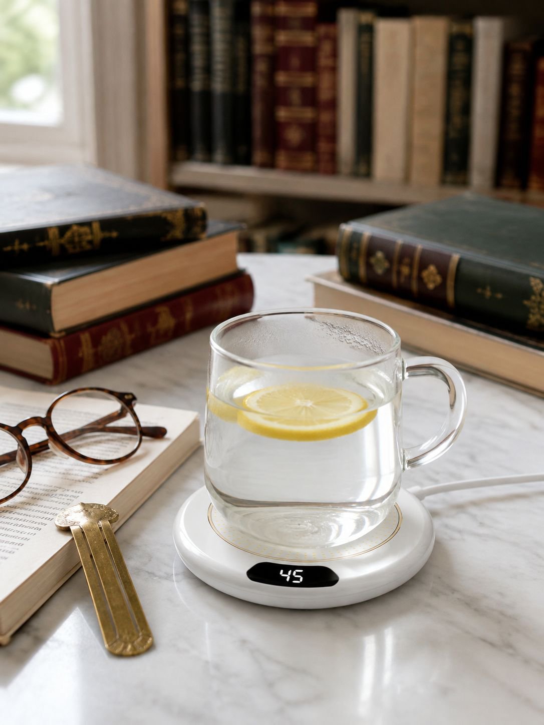 Posavasos eléctrico manteniendo taza de café caliente
