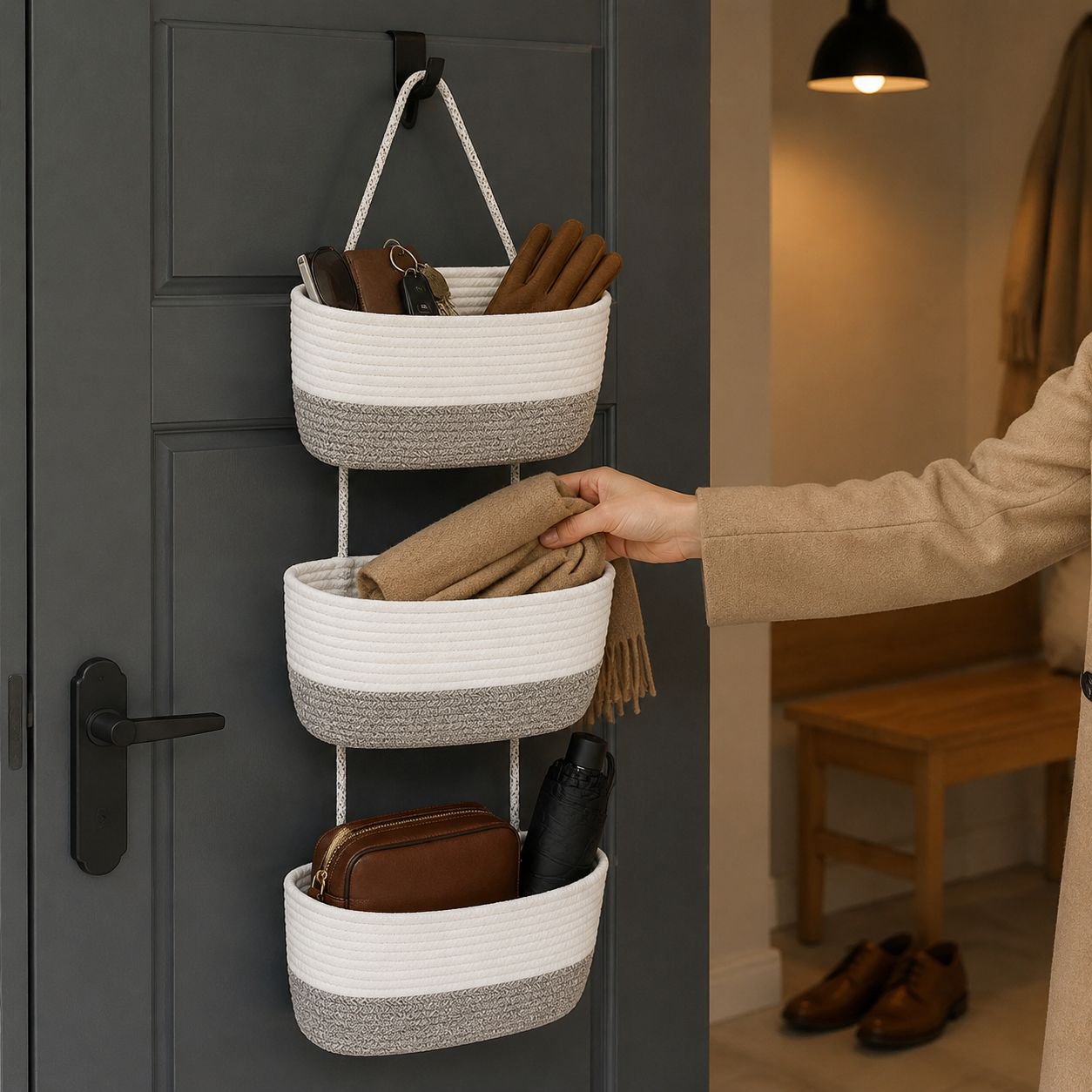 JMY panier suspendu à trois couches panier de rangement tissé en corde de coton