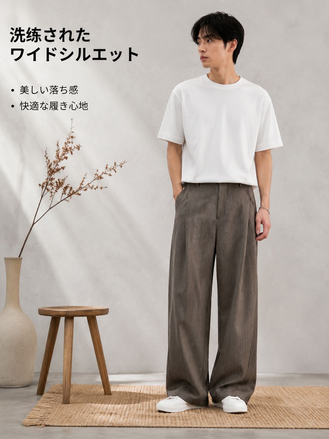 ドレープ感のあるメンズワイドレッグカジュアルパンツ。夏に最適。ゆったりとしたフィット感、ストレートレッグ、通気性、薄手、通勤にも使える万能スタイル。