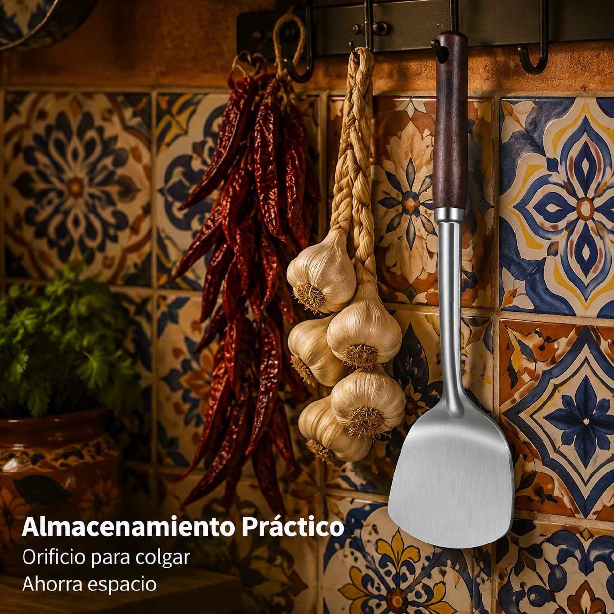 Espátula de acero inoxidable con mango de madera