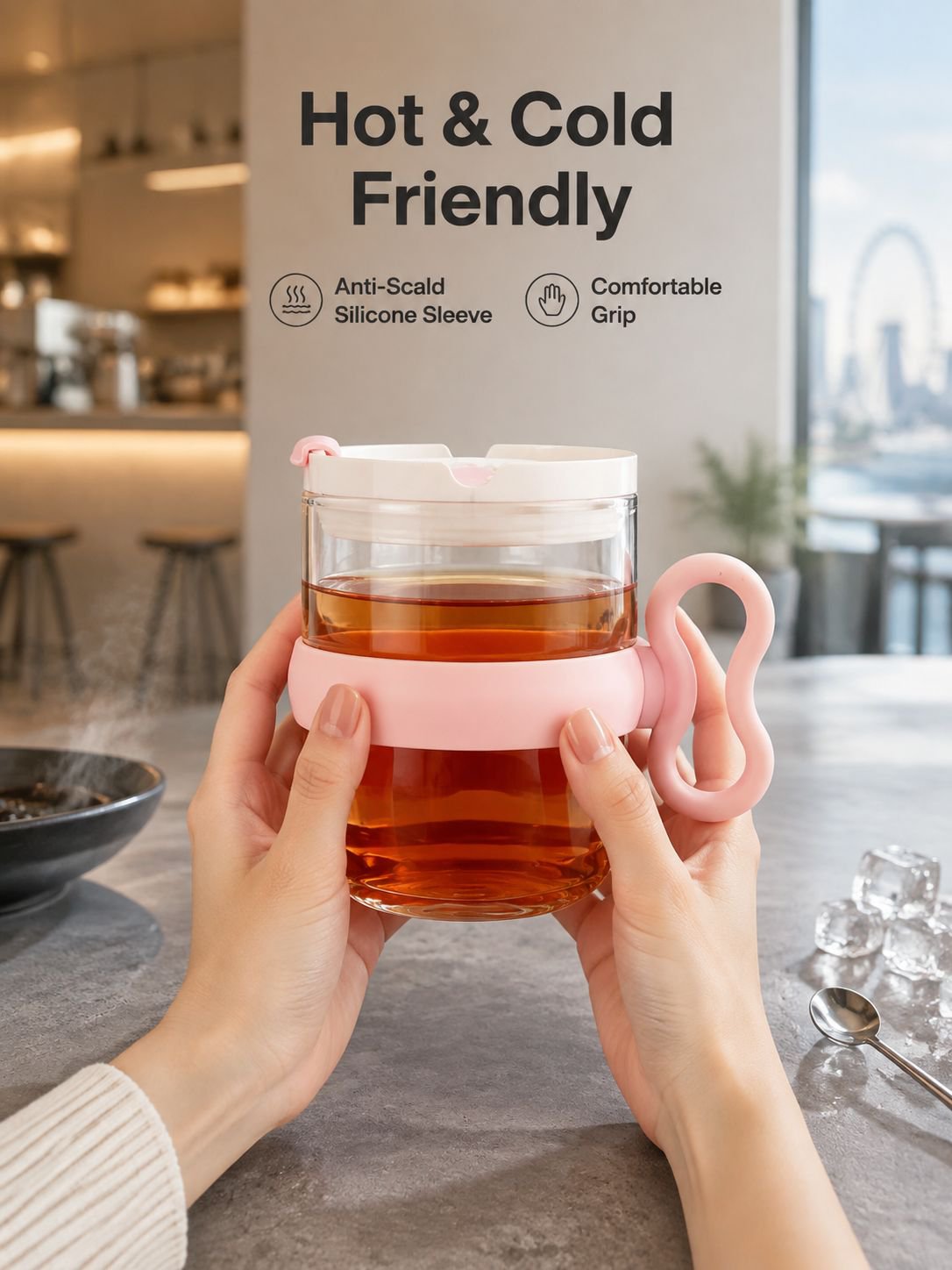 Clear glass cup with handle and lid