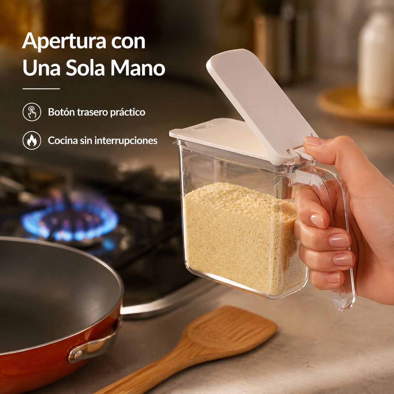 Recipiente japonés para especias con diseño transparente y asa
