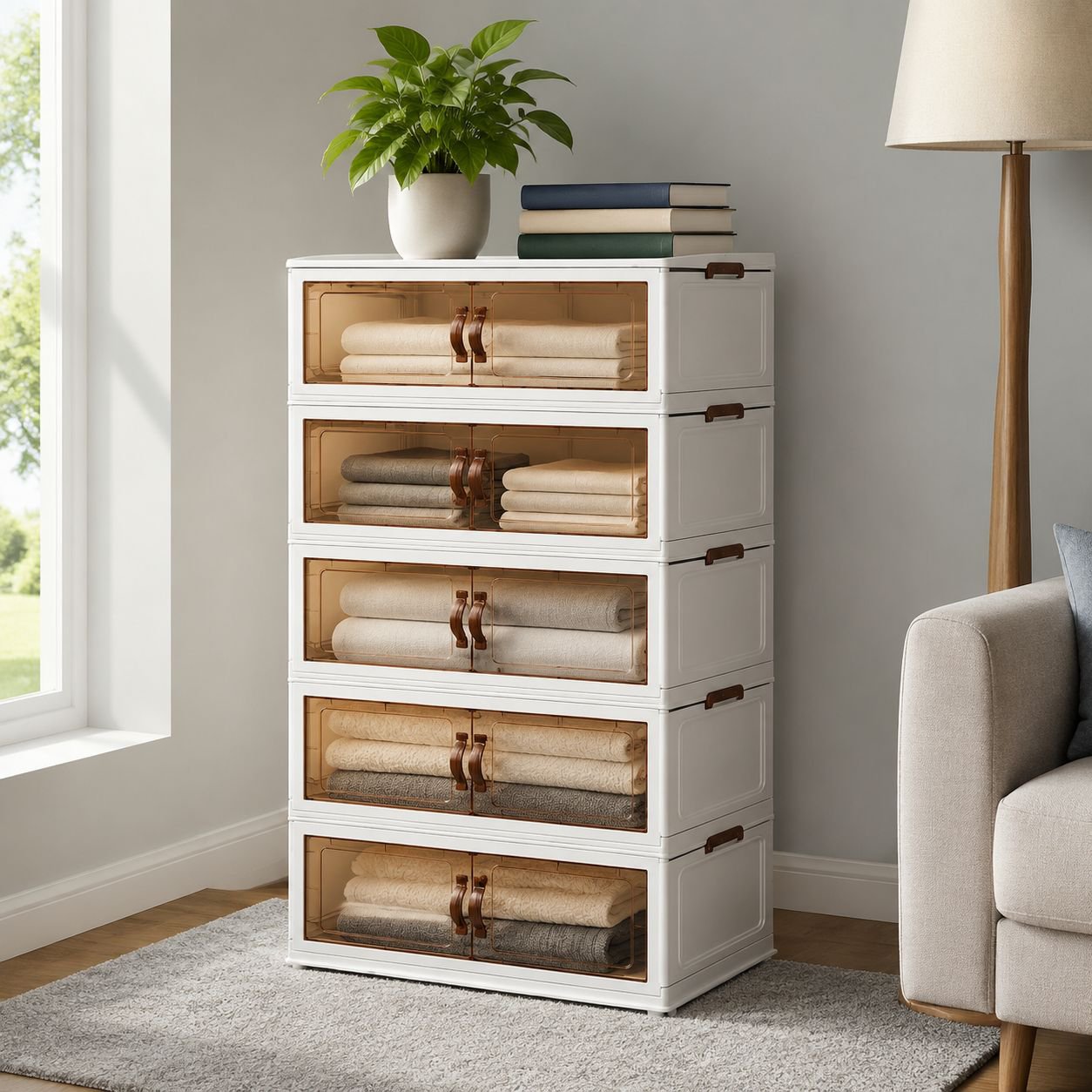 Multi-layer folding storage cabinet in modern living room