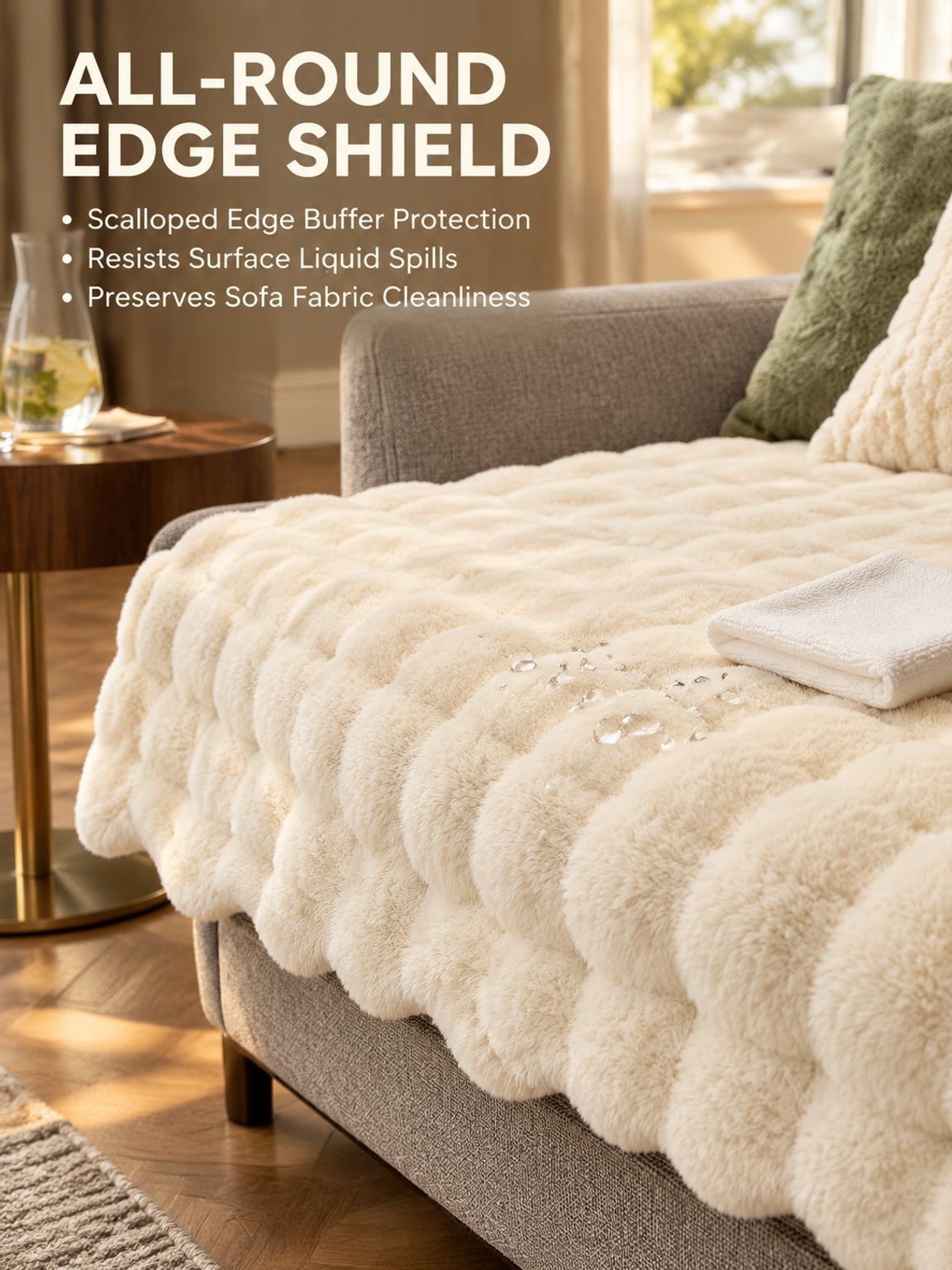Close-up of the thick faux fur texture on a couch cover