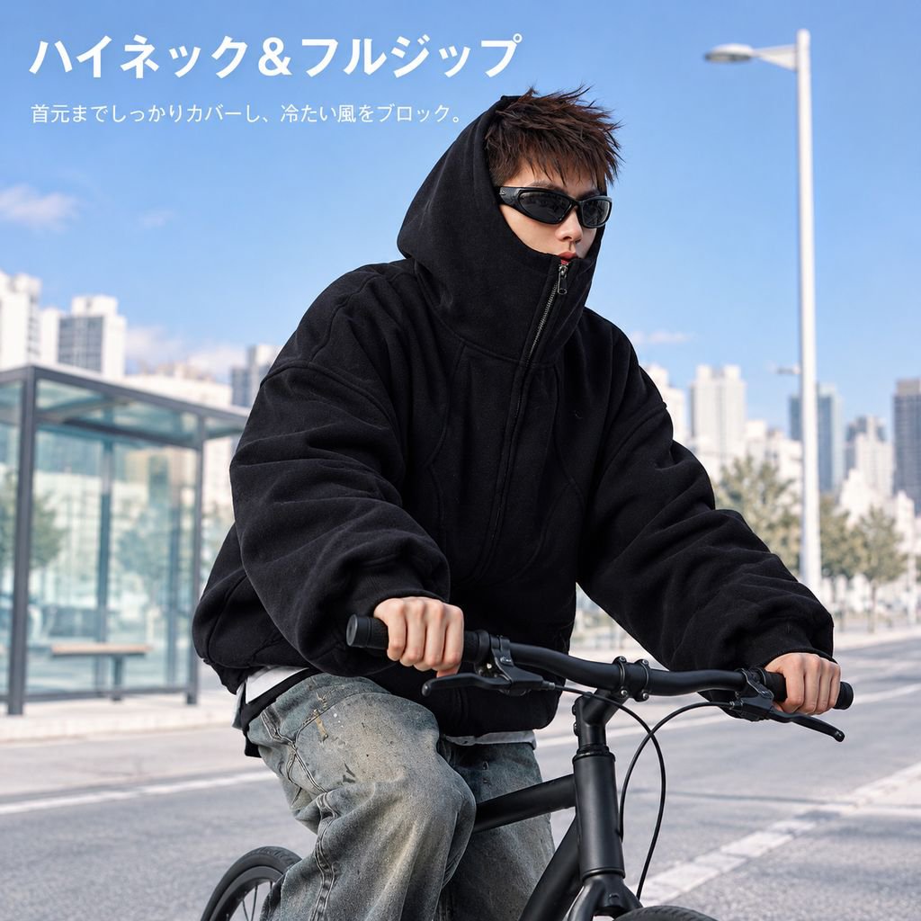 ハイストリートデザイン 切替フード付きスウェット メンズ 冬 裏起毛 ゆったりトレンドアウター