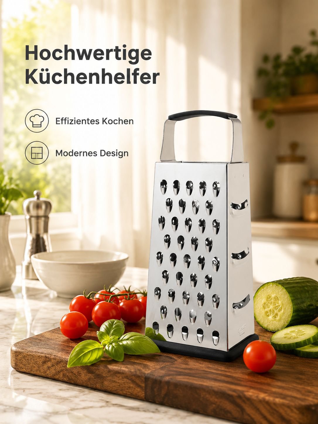 Vierseitige Edelstahl Multifunktionsreibe mit rutschfestem Griff