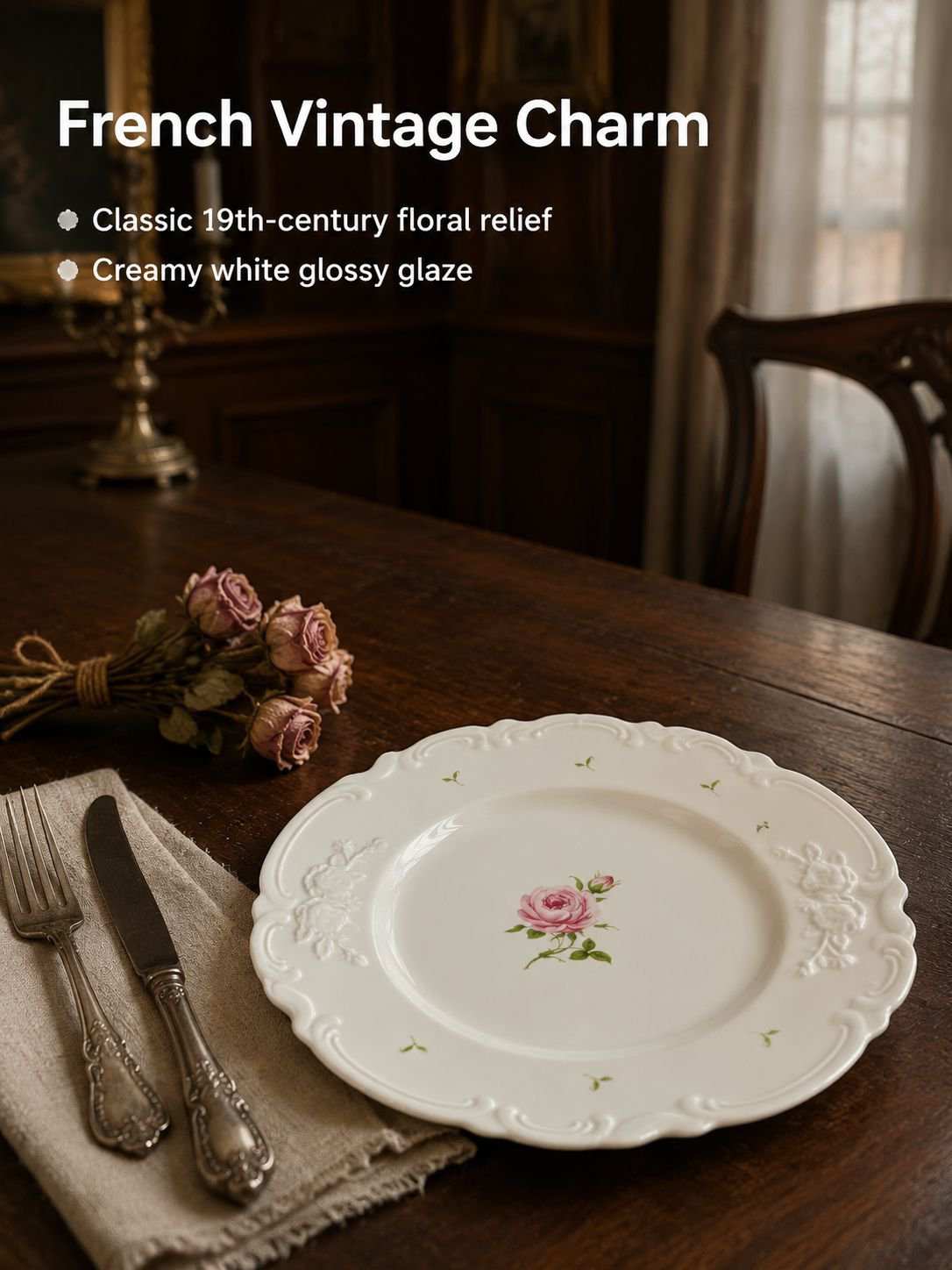 French Vintage Style Relief Rose Ceramic Plate