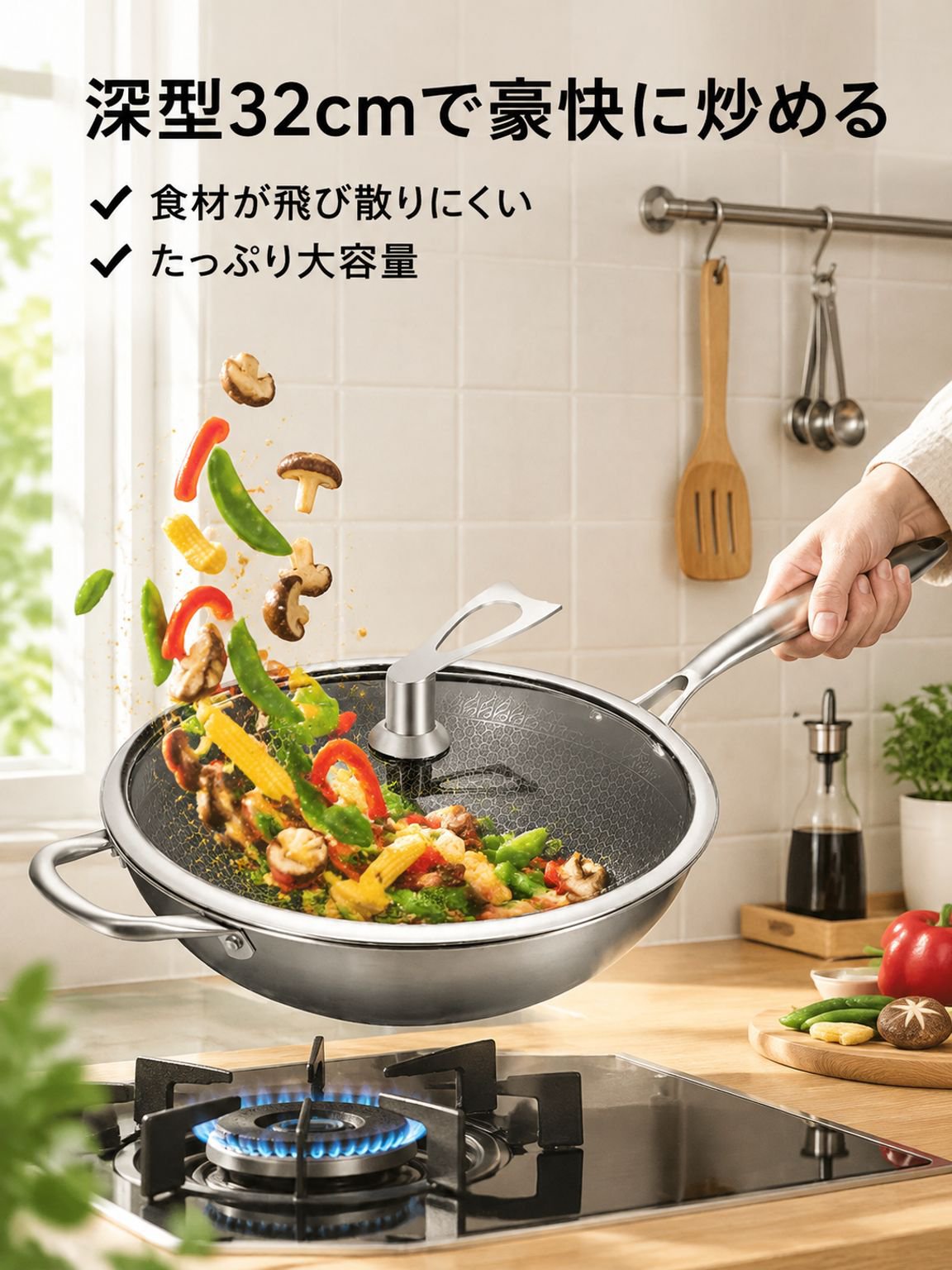 304ステンレス鋼製ハニカム構造のこびりつきにくい中華鍋、IH調理器対応